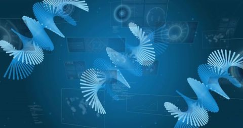 Floating blue helix ribbons rotating across futuristic hud panels with digital code