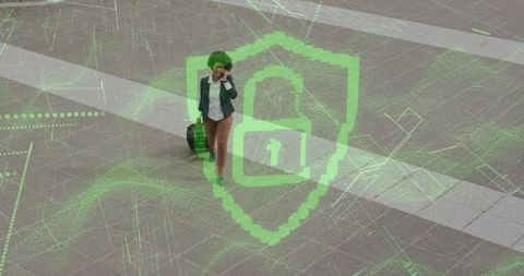 Corporate Traveler Walking with Digital Security Overlay