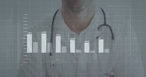 Doctor Analyzing Medical Data with Holographic Bar Chart Interface
