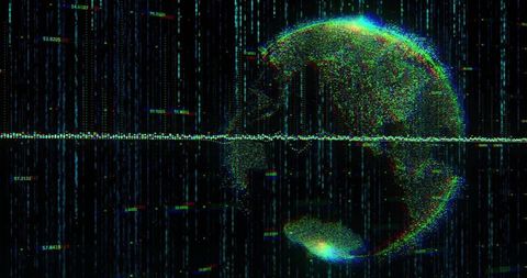 Rotating point-cloud globe displaying waveform and neon cyberpunk data visualization
