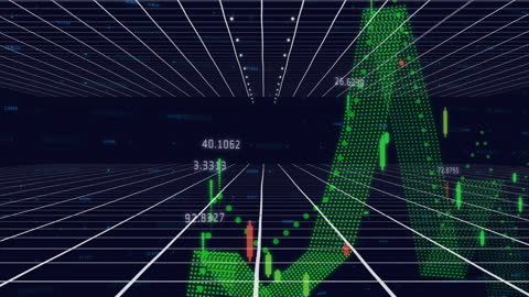 Digital Grid with Financial Chart Over Cityscape