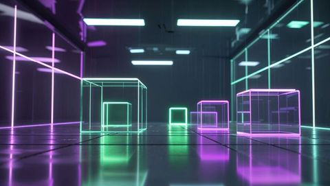 Futuristic glowing neon cubes in reflective tech environment