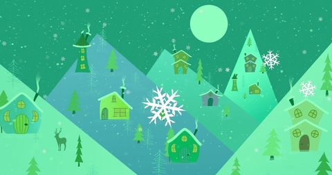 Whimsical winter landscape with snow covered houses