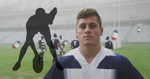 Rugby Player Representing France on Field with French Flag