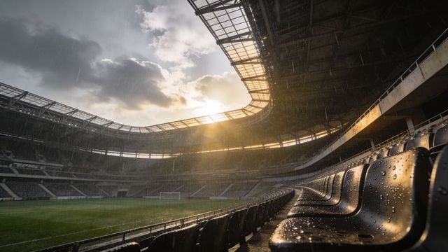 Gleaming rain-soaked stadium seats under golden sunset, empty modern sports arena