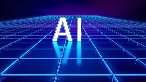 Camera Pushing Forward Revealing 3D AI Letters on Neon Tile Grid Reflecting Horizon