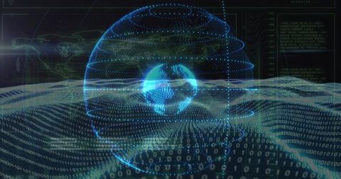 Rotating holographic globe over binary matrix with futuristic cyber HUD and data grid