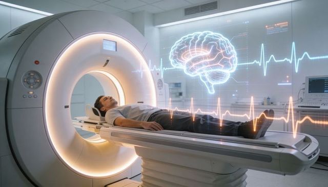 Patient entering mri scanner with holographic brain and ecg overlay for neurodiagnostics