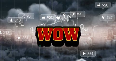 Social media influence concept with wow text and icons over cityscape