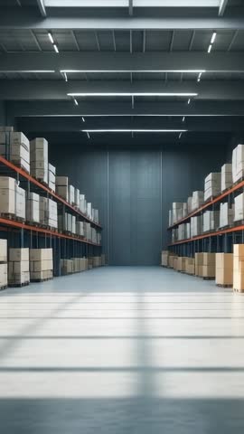 Vertical warehouse walkthrough moving forward through industrial aisle with stacked boxes