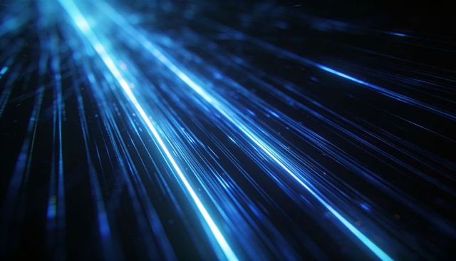 Futuristic Blue Light Streaks Racing Across Dark Digital Plane — Neon Fiber Optic Motion