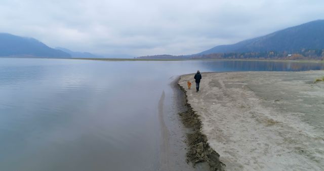 Man walking dog along a tranquil lakeshore on an overcast day, showcasing peaceful nature and calm scenery. This is ideal for use in projects related to solitude, relaxation, peaceful outdoor activities, and nature adventures.