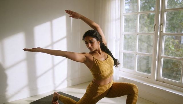 Sunlit warrior lunge in mustard activewear by window for mindful home yoga practice