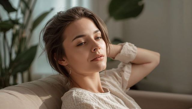 Serene young woman relaxing on sofa with indoor plants soft natural light minimal interior