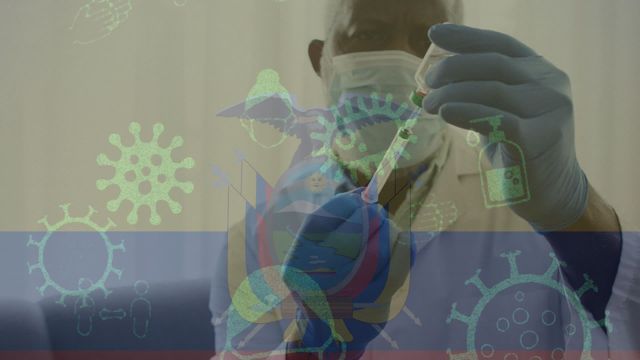 Digitally generated montage depicting a doctor in gloves and mask holding a vaccine vial with virus icons and Ecuador flag overlay. Suitable for contexts involving healthcare, biotechnology, and global pandemic responses. Ideal for illustrating medical research, vaccination efforts, and international health campaigns.