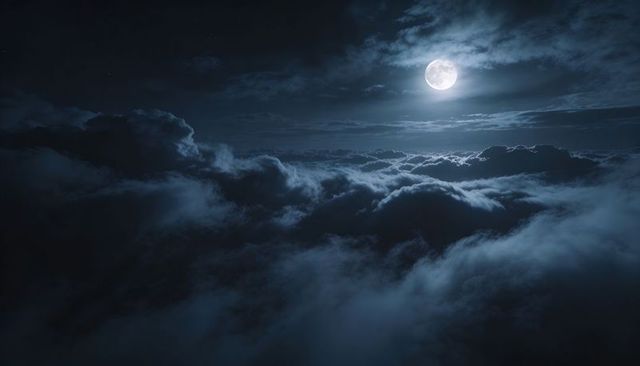 Moonlit Sea of Clouds with Full Moon Halo and Rolling Layers Over Night Sky, Atmospheric Moonlight