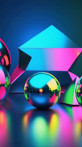 Vertical Neon Geometry Video: Camera Panning with Reflective Spheres Sliding Around Futuristic Prism