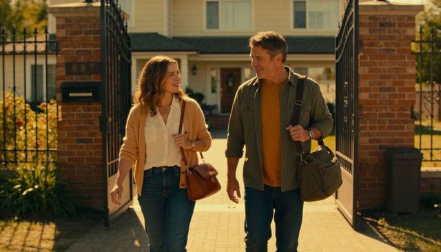 Couple walking through wrought-iron gate carrying shoulder bags during autumn stroll