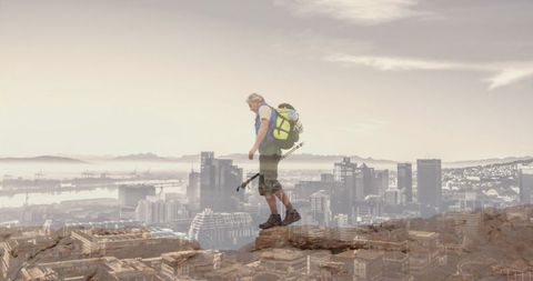 Senior Hiker Overlooking Modern Cityscape Composite