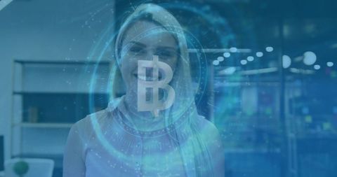 Businesswoman Engaging with Holographic Bitcoin in Modern Office