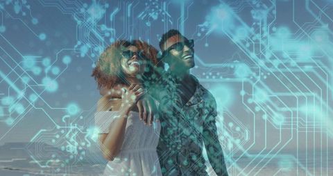 Couple Enjoying Beach with Digital Circuit Overlay Design