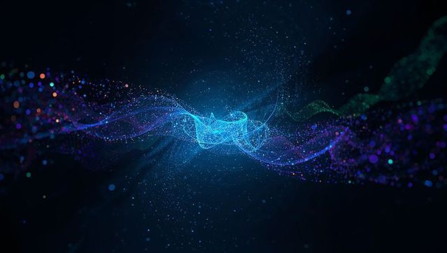Streaming Glowing Particle Ribbon with Cyan Energy Knot and Neon Bokeh Waveform