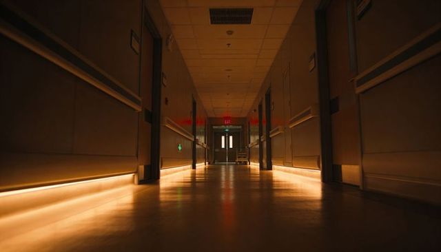 Amber LED Baseboard Lighting Illuminating Medical Corridor with Warm Reflections