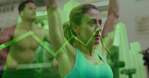 Woman Lifting Overhead Bar with Green Performance Chart Overlay Showing Fitness Progress