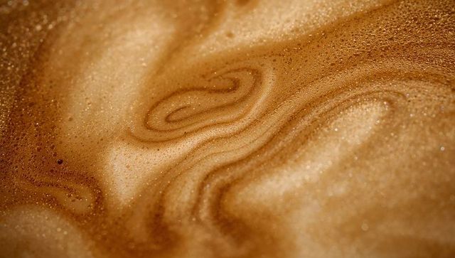 Macro Coffee Crema Swirl Close-up Showing Shimmering Microfoam and Marbled Caramel Texture
