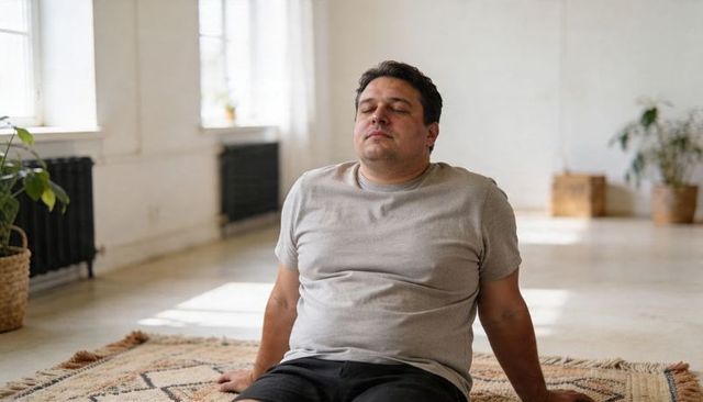 Adult man relaxing and breathing deeply on patterned rug in bright minimal daylight studio