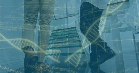 Colleagues climbing futuristic staircase with dna overlay