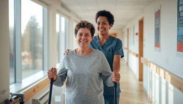 Smiling senior woman practicing walking with caregiver in scrubs in bright clinic corridor