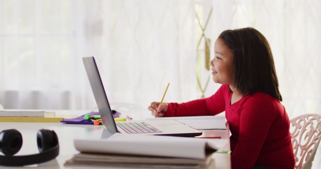 Image of happy asian girl having online lessons. Childhood, e learning, home schooling and online education concept.