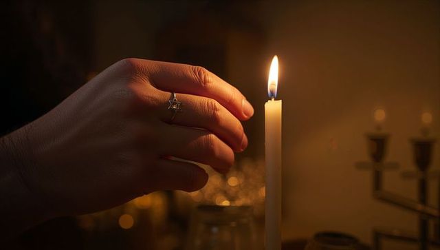 Hand reaching toward lit candle with star ring adorning finger