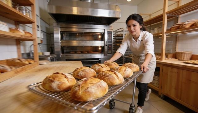 Female Baker Pushing Cart of Fresh Sourdough Loaves Across Commercial Bakery Prep Table