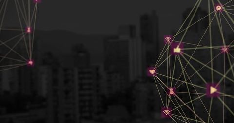 Digital Networking Icons Over Urban Skyline Illustration