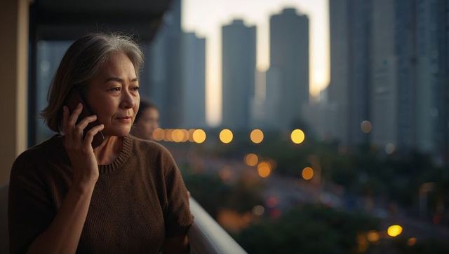 Pensive asian woman talking on phone on balcony at dusk with city skyline bokeh lights