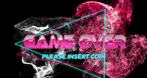 Retro Arcade Game Over Screen with Neon Colors and Digital Effects
