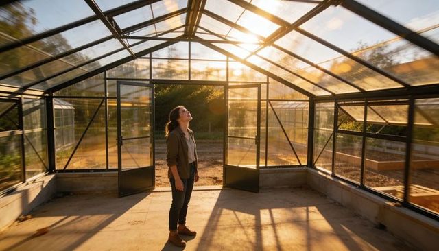 Contemplative woman inspecting greenhouse interior at golden hour with sun flare