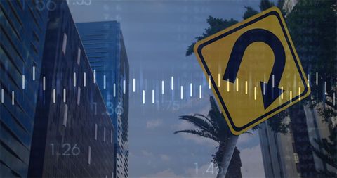 U-Turn Road Sign with Digital Financial Concept Overlaid Cityscape - Download Free Stock Images Pikwizard.com