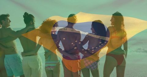 Group of friends celebrating on sunny beach with brazilian flag overlay, summer unity