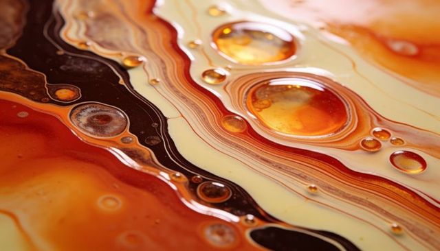 Macro abstract marbling with amber droplets and wavy bands, glossy liquid texture