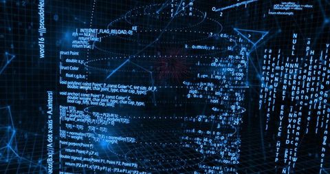 Neon cyber code stream pulsing through wireframe network grid with glowing data trails