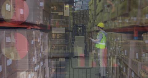 Warehouse Worker Analyzing Digital Data Interfaces