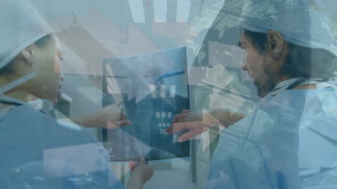 Surgeons Analyzing Financial Data in Digital Overlay