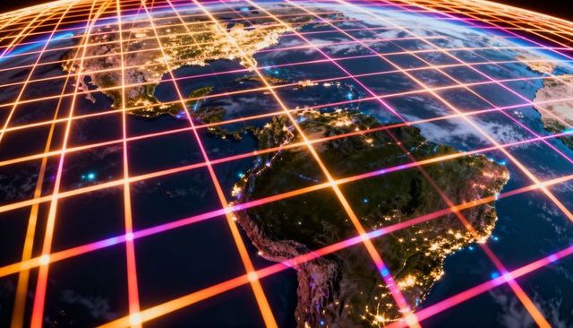 Neon grid encircling night americas globe showing city lights and global network glow