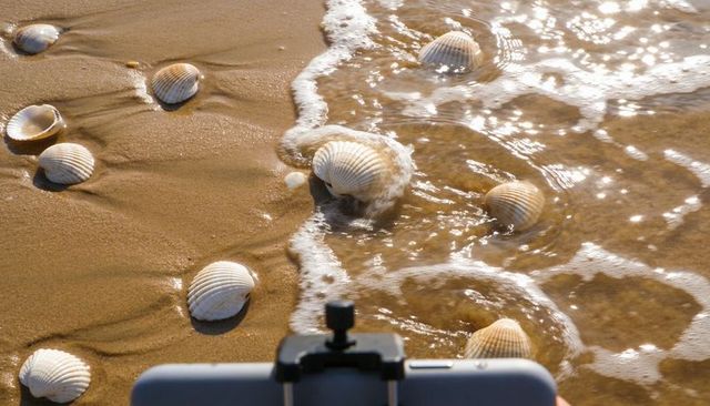 Smartphone capturing foamy waves washing white ridged seashells on sunlit sandy beach