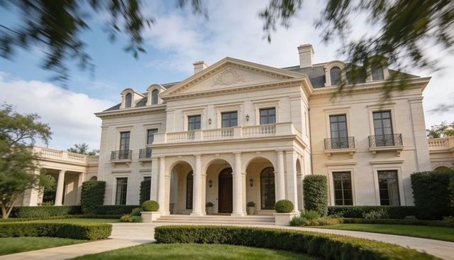 Neoclassical mansion with grand portico, classical columns and mansard roof on manicured grounds