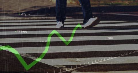 Pedestrian stepping across crosswalk with rising green data chart symbolizing growth