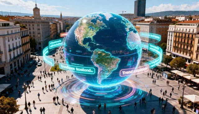 Hovering holographic globe over urban plaza showing digital earth and neon data rings